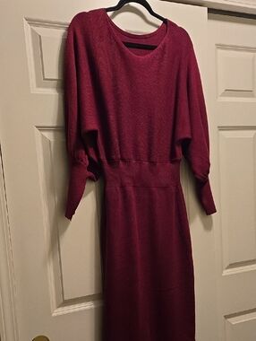 SHEIN Burgundy Ribbed-Waist Knit Midi Dress